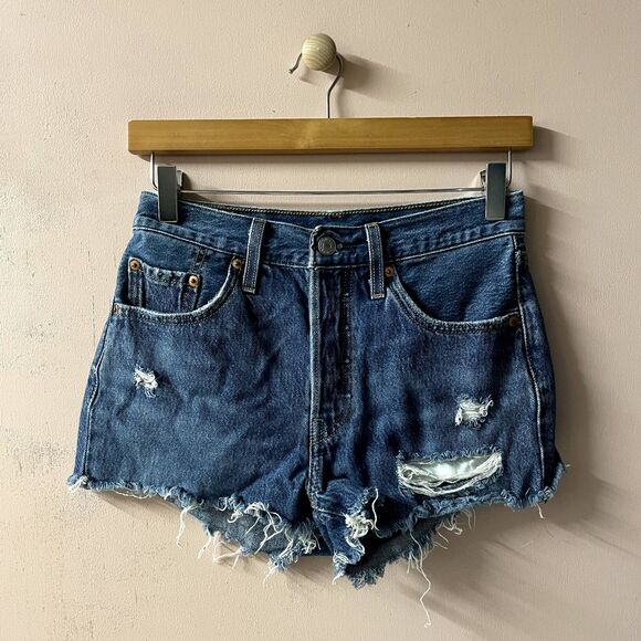 Levi's 501 Dark Medium Wash Blue Distressed Denim Cut-Off Shorts EUC Size 25 - Picture 1 of 14